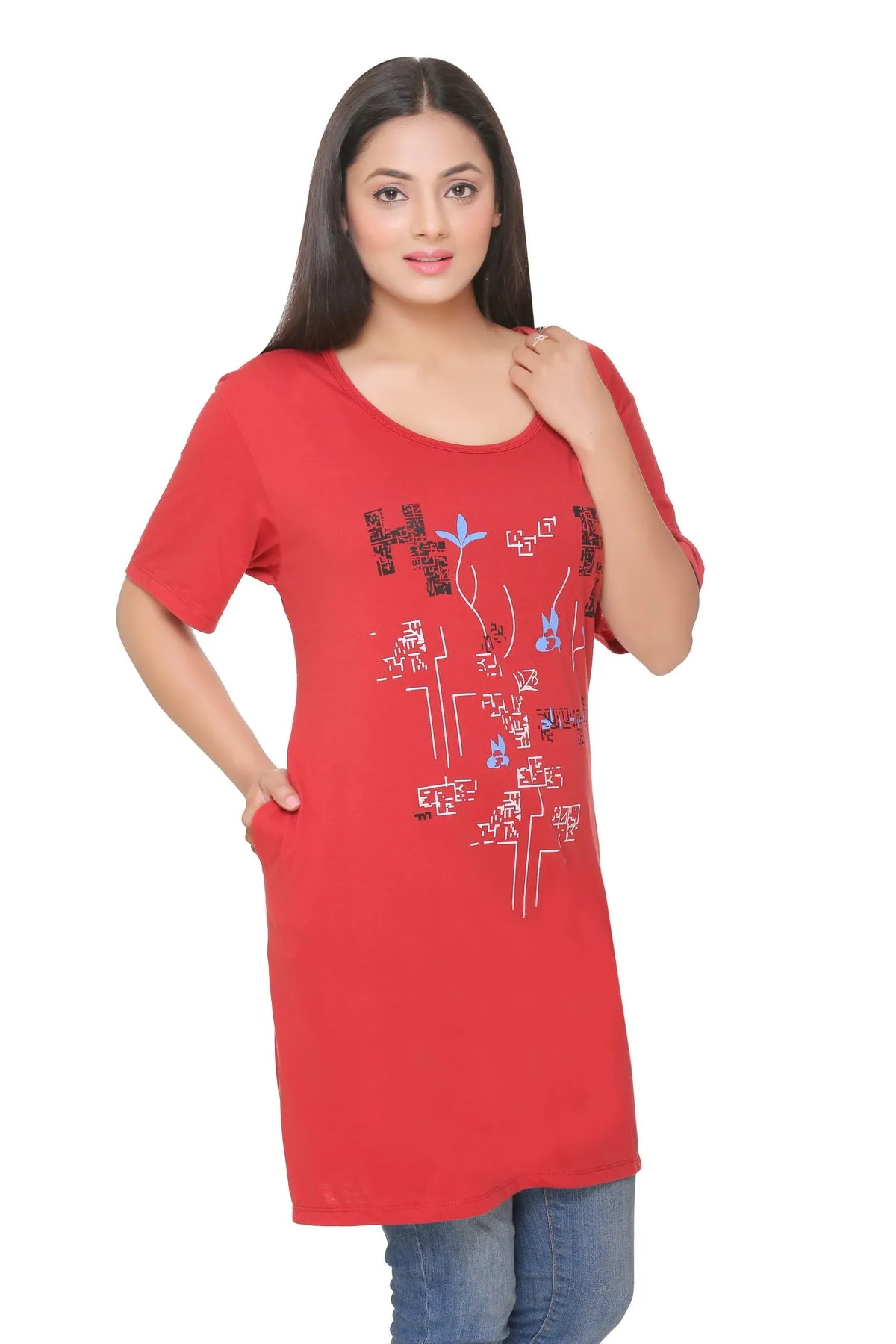 Plus Size Long T-shirt For Women - Half Sleeve - Rust Red