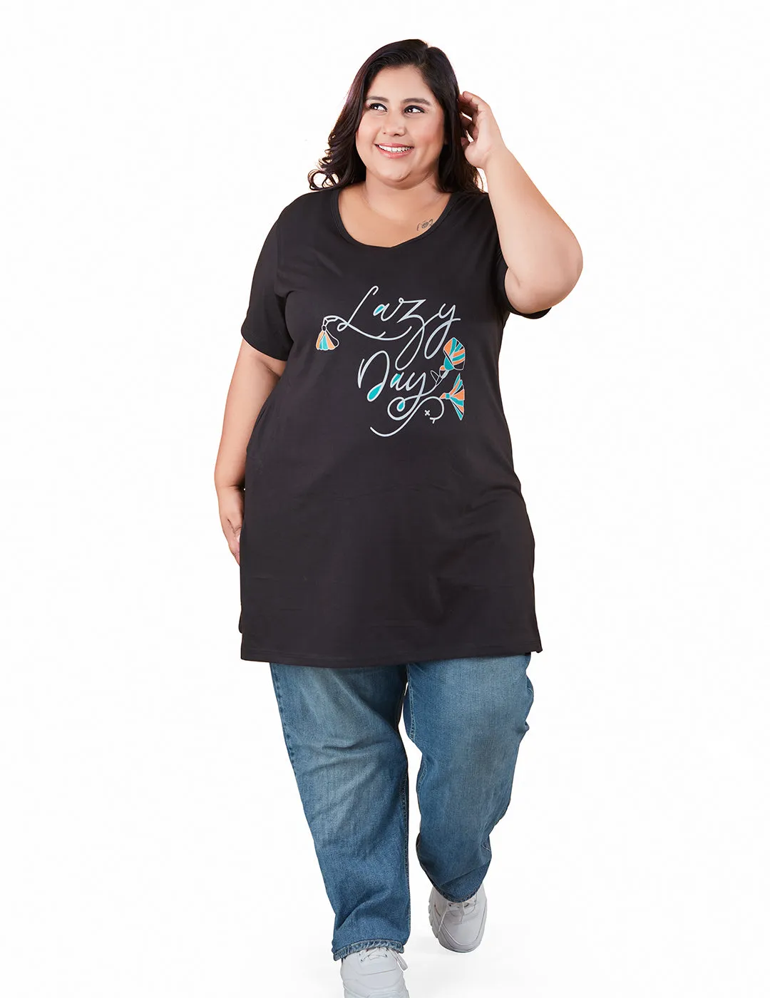 Plus Size Long T-shirts For Women - Half Sleeve - Pack of 2 (Black & Turquoise)