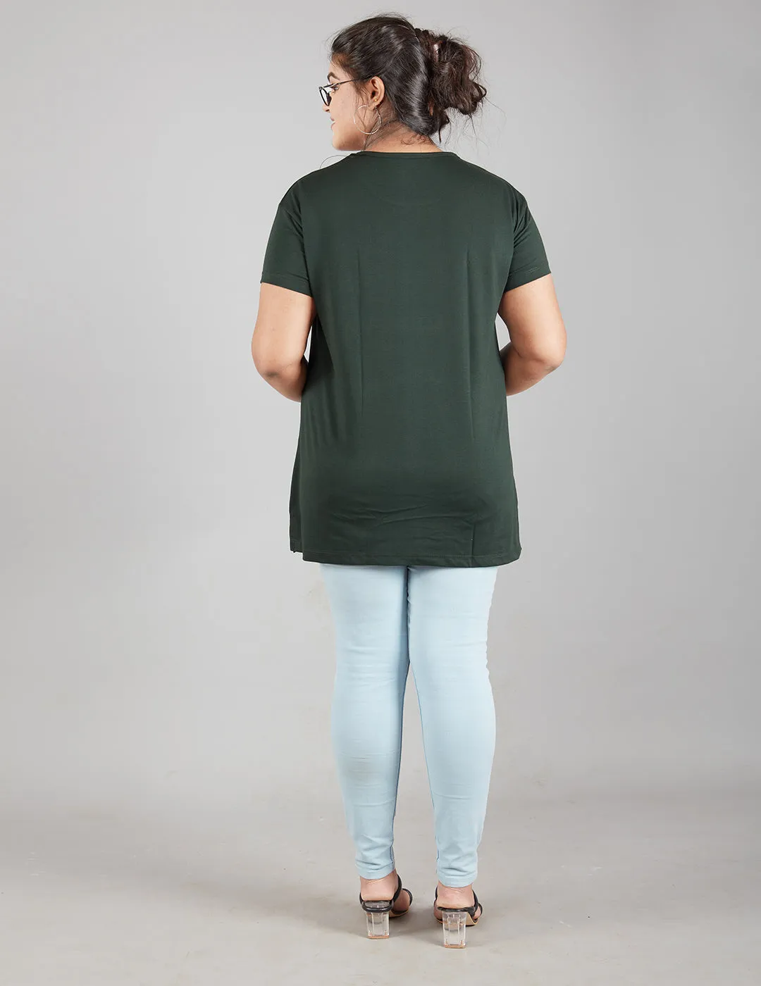 Plus Size Plain Cotton T-Shirt For Women - Bottle Green