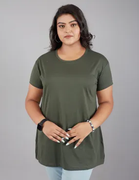 Plus Size Plain Cotton T-Shirt For Women - Olive Green