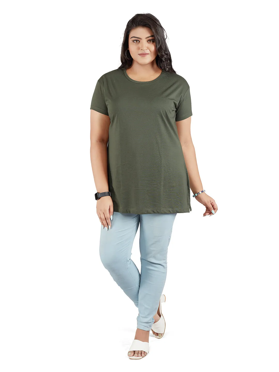 Plus Size Plain Cotton T-Shirts For Women Pack of 2 (Black & Olive Green)