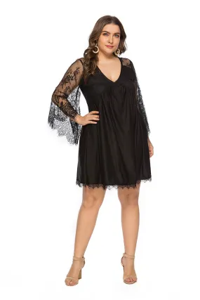 Plus Size Women Black V-Collar Lace Long Sleeve Sexy Dress