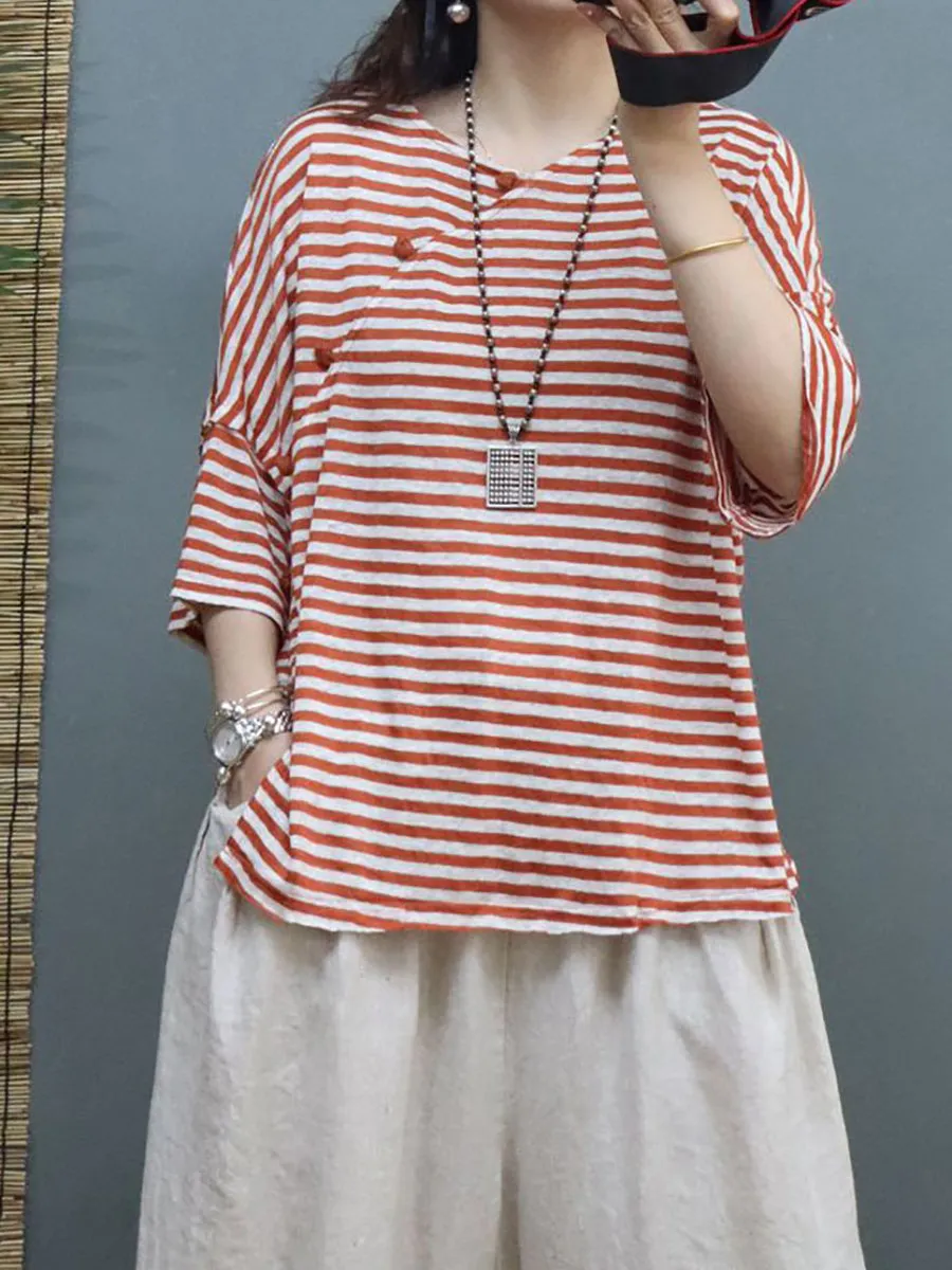 Plus Size Women Summer Vintage Stripe Linen Shirt SC1027