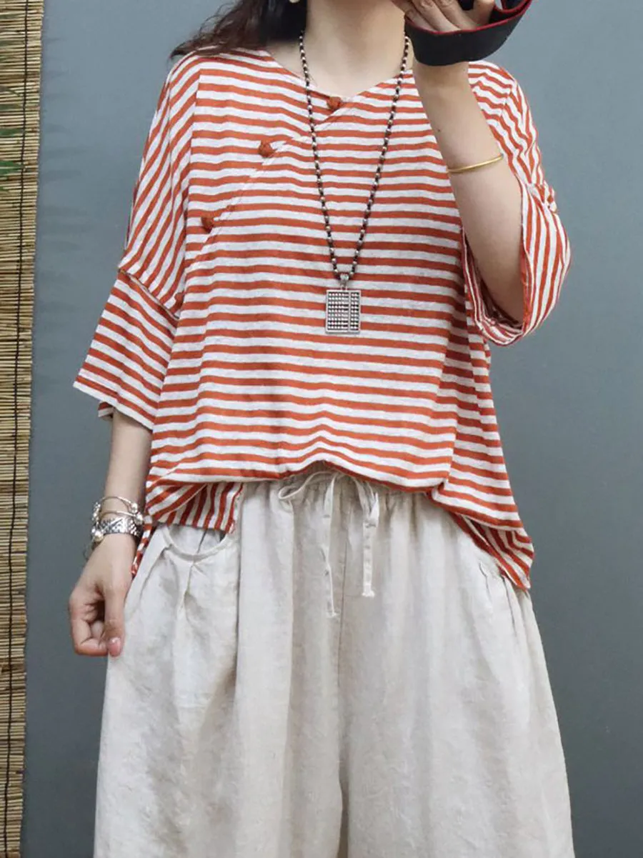 Plus Size Women Summer Vintage Stripe Linen Shirt SC1027