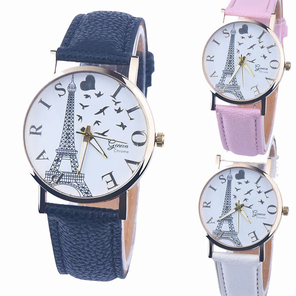 Promotion Eiffel Tower Quartz Vintage Watch Lady Women Wristwatch Leather Quartz Watch Punk Style Relogio feminino