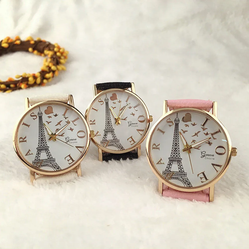 Promotion Eiffel Tower Quartz Vintage Watch Lady Women Wristwatch Leather Quartz Watch Punk Style Relogio feminino