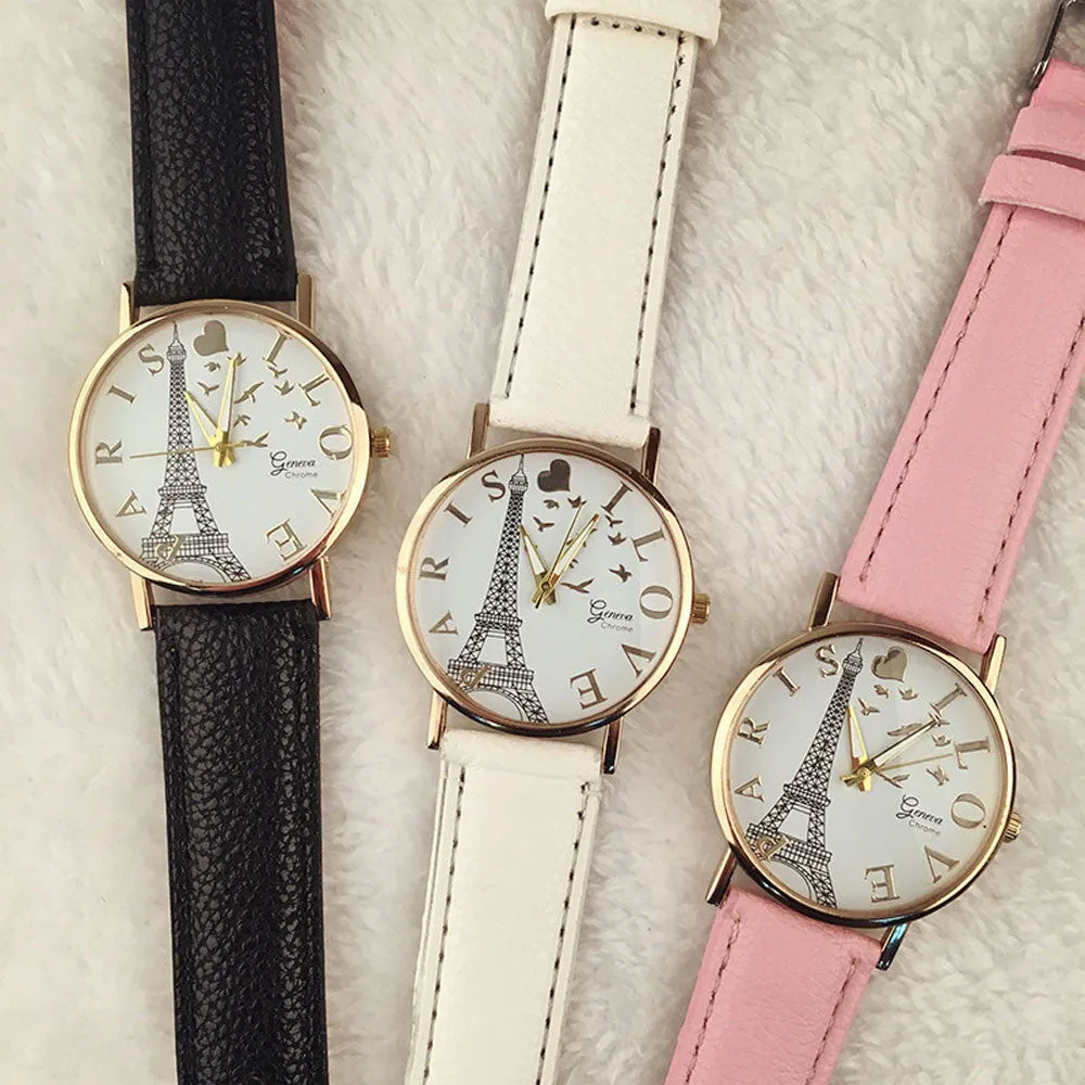 Promotion Eiffel Tower Quartz Vintage Watch Lady Women Wristwatch Leather Quartz Watch Punk Style Relogio feminino