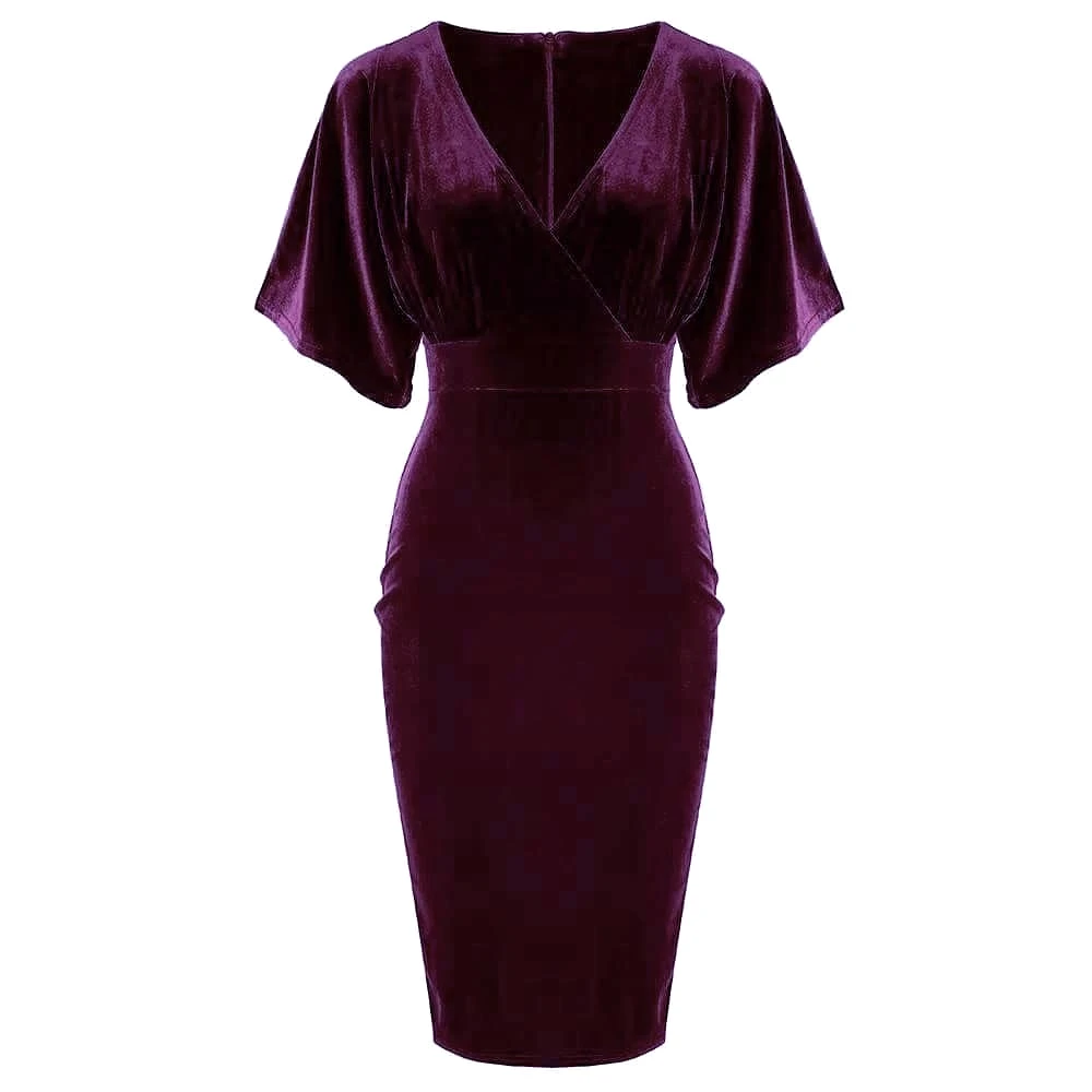 Purple Velour Half Batwing Sleeve Crossover Top Wiggle Dress