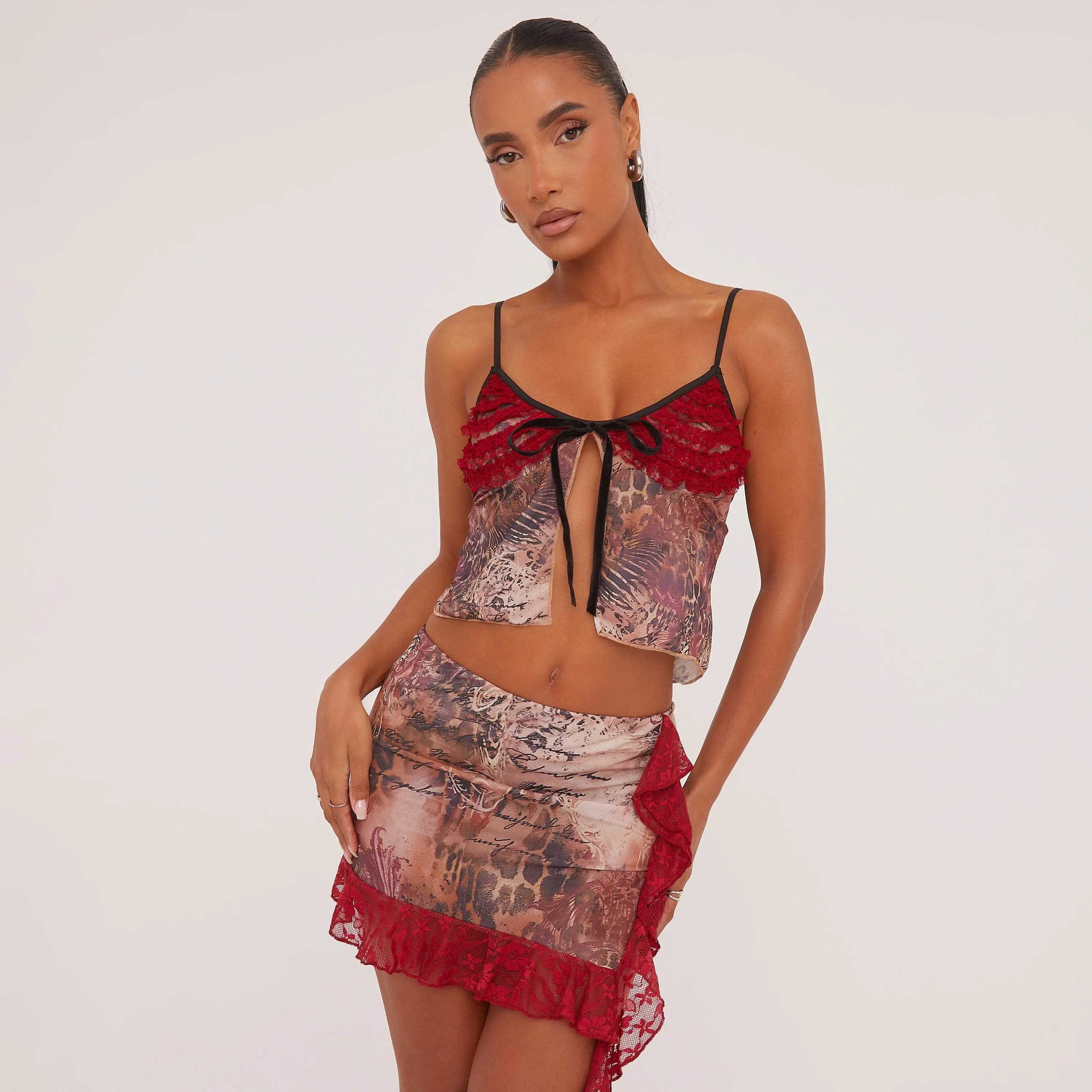 Red Lace Detail Strappy Tie Front Split Hem Top And High Waist Mini Bodycon Skirt Co-Ord Set In Red Animal Print Mesh