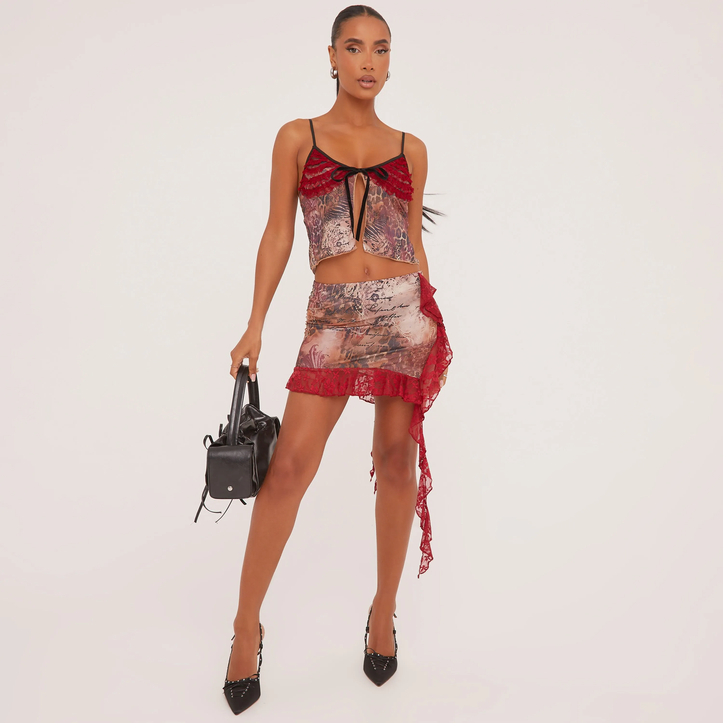 Red Lace Detail Strappy Tie Front Split Hem Top And High Waist Mini Bodycon Skirt Co-Ord Set In Red Animal Print Mesh