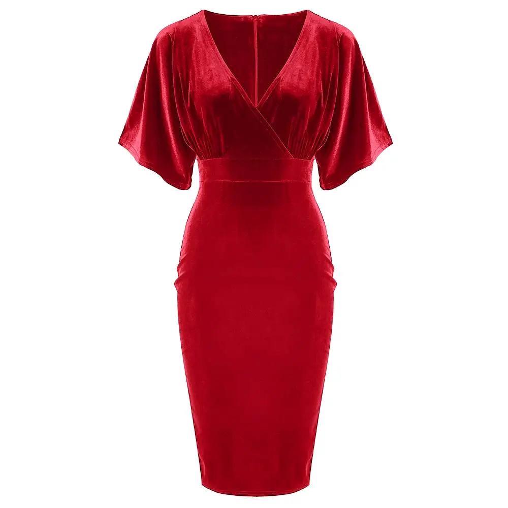 Red Velour Half Batwing Sleeve Crossover Top Wiggle Dress