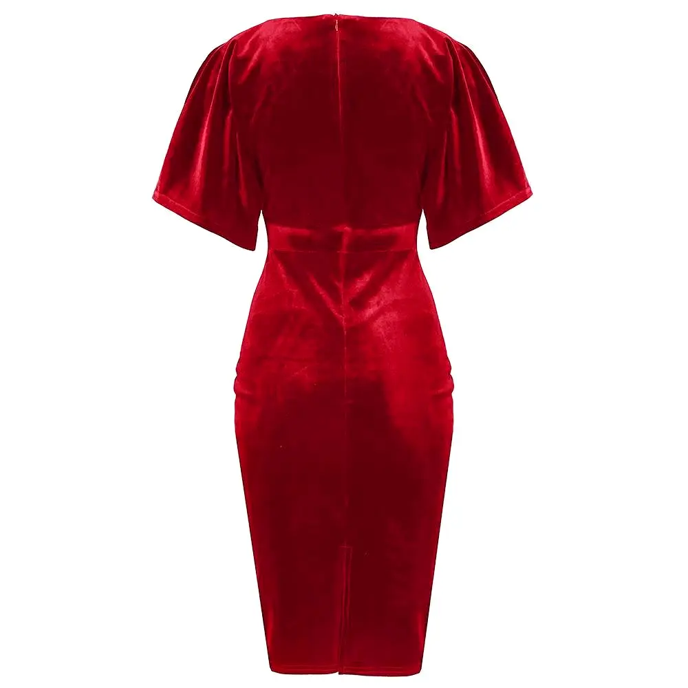 Red Velour Half Batwing Sleeve Crossover Top Wiggle Dress