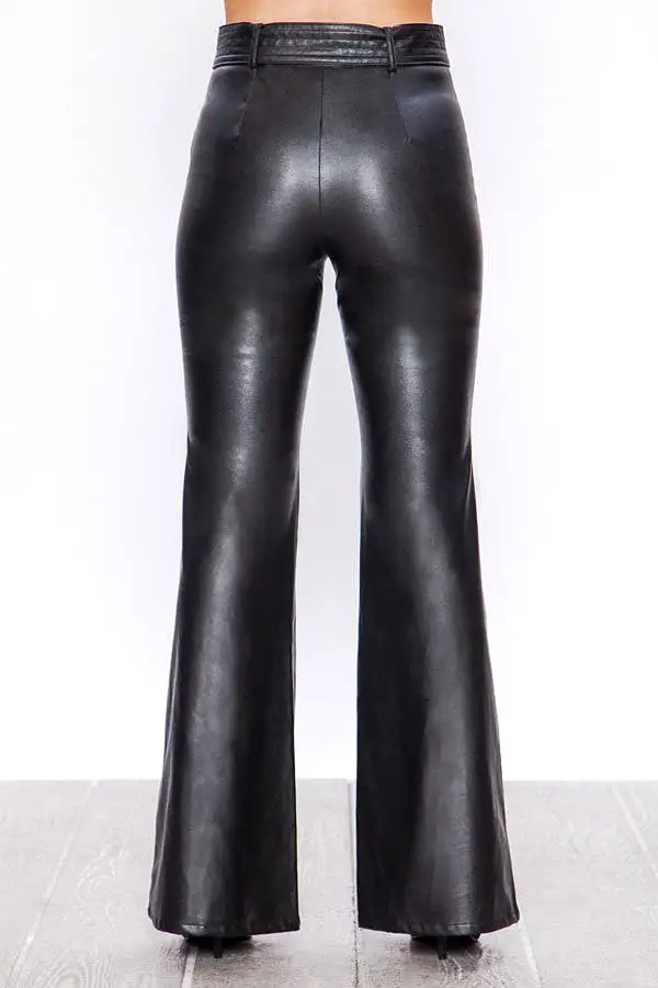 Retro Belted Wide Leg Bell Bottom Faux Leather Pants