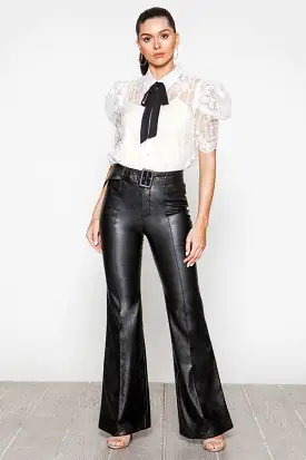 Retro Belted Wide Leg Bell Bottom Faux Leather Pants