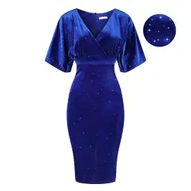 Royal Blue Velour Glitter Sparkle Half Batwing Sleeve Crossover Top Wiggle Dress