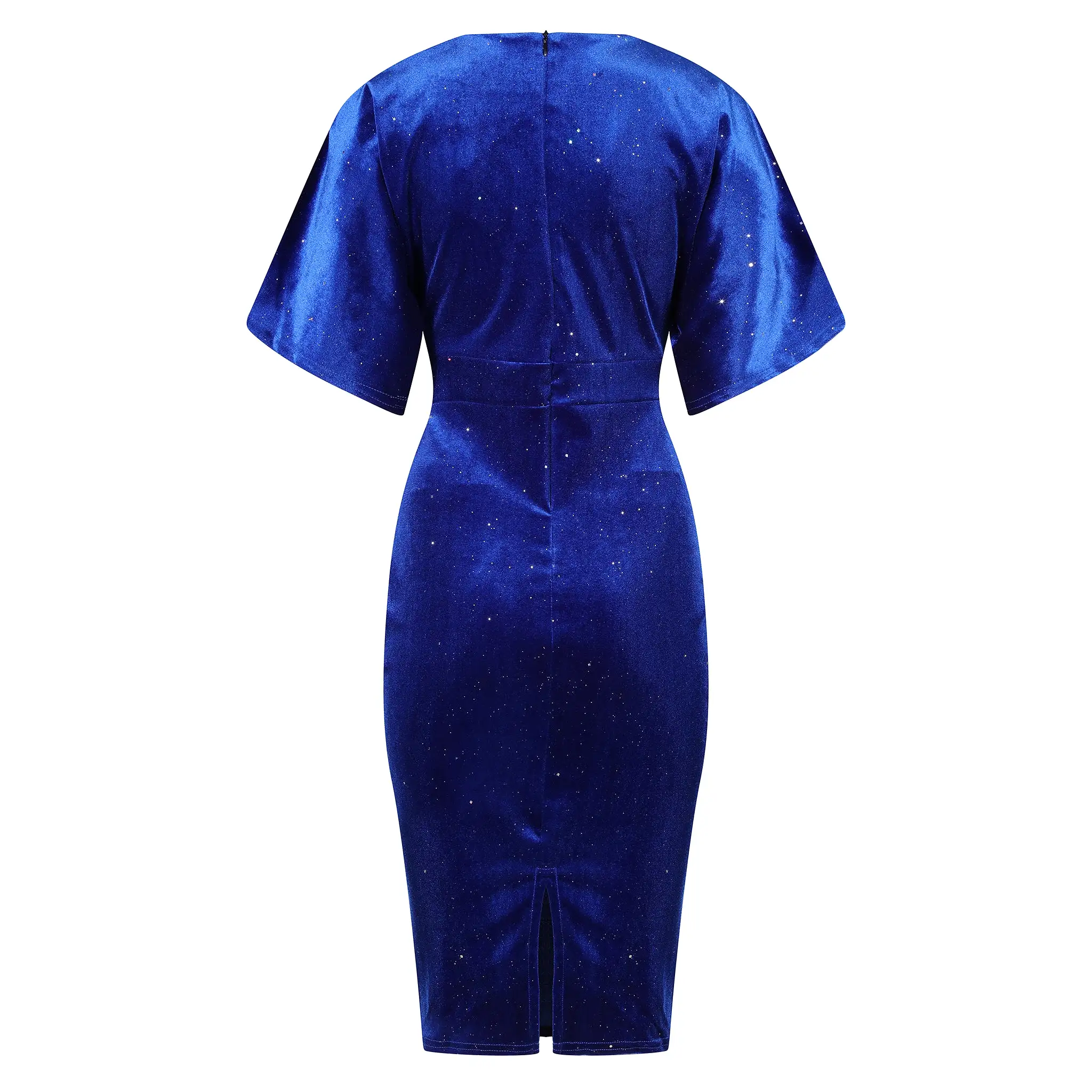 Royal Blue Velour Glitter Sparkle Half Batwing Sleeve Crossover Top Wiggle Dress