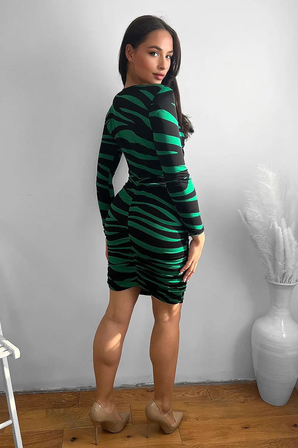 Ruched Skirt Side Drape Printed Slinky Dress