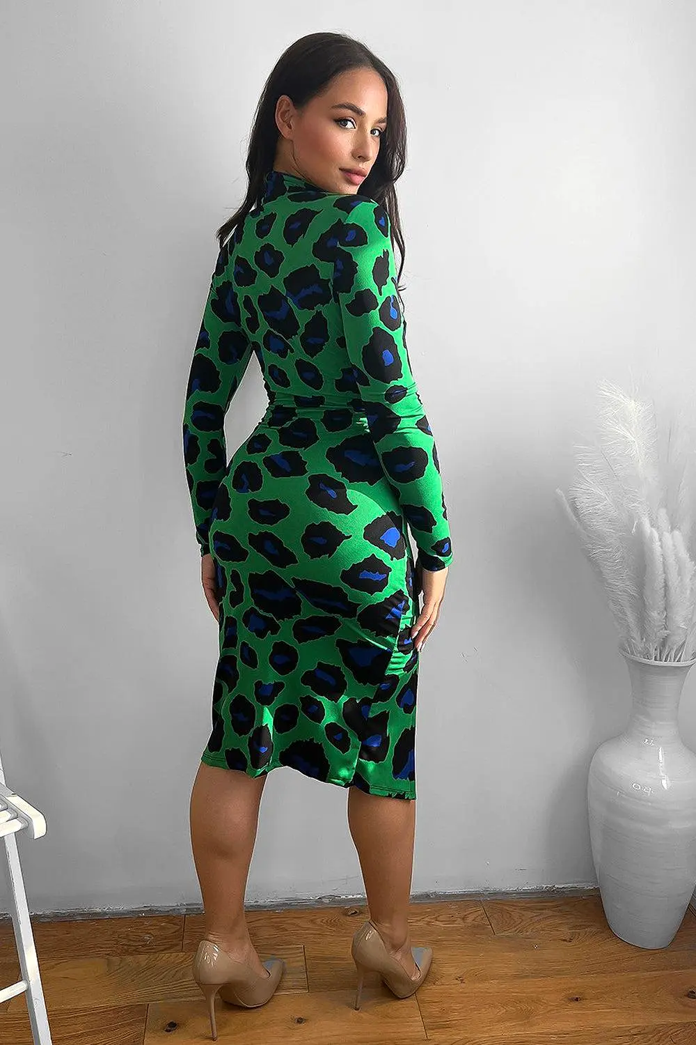 Ruched Skirt Side Drape Printed Slinky Dress