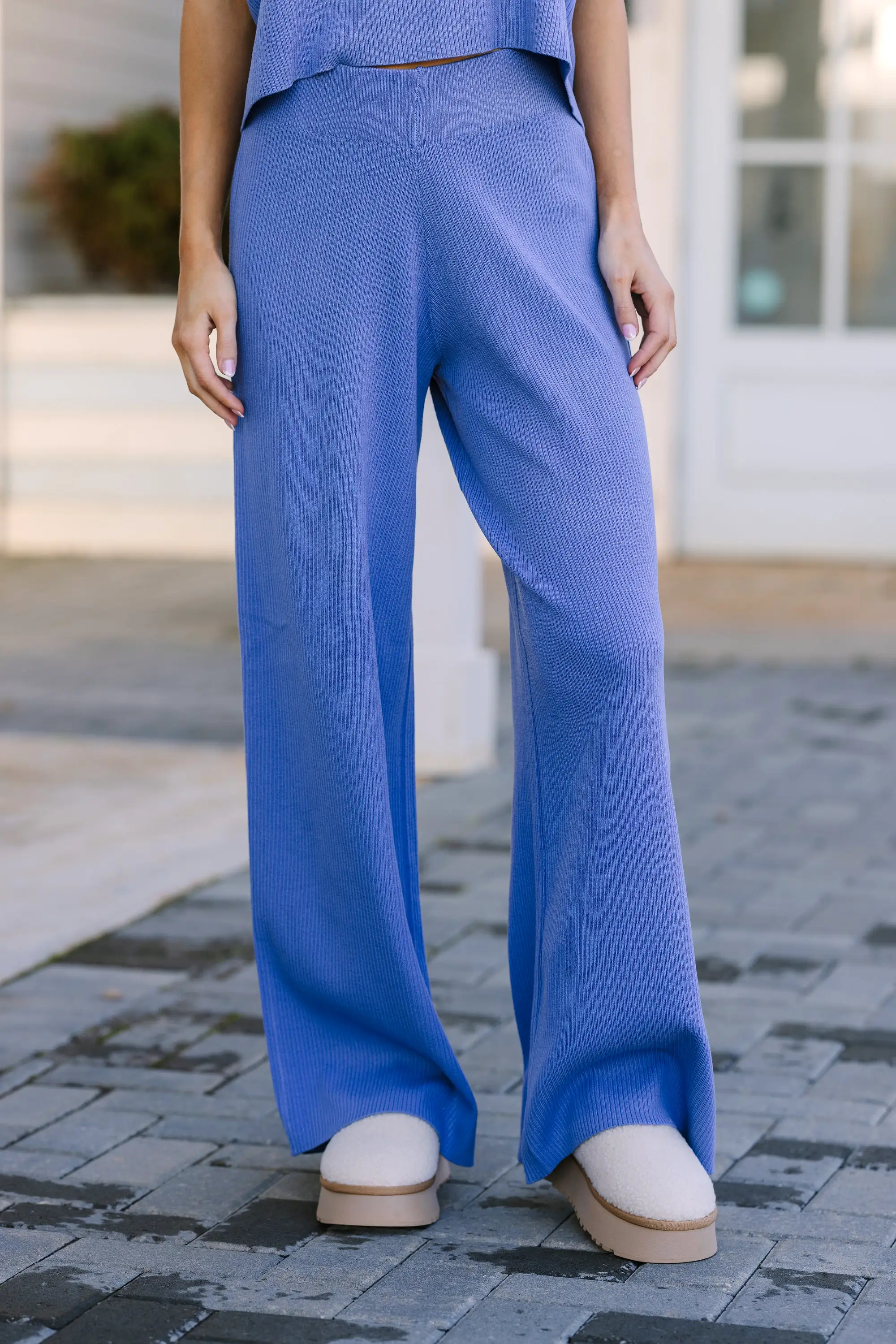 Safe Travels Blue Ribbed Knit Wide Leg Pants