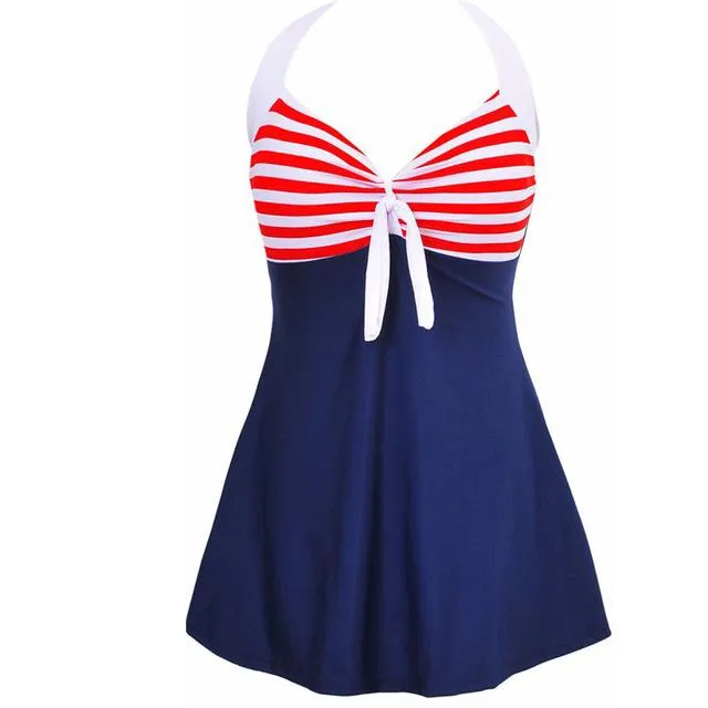 Sexy Plus Size Stripe Padded Halter Skirt One Piece Swimwear for Women