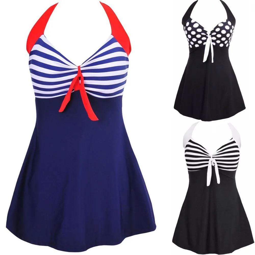 Sexy Plus Size Stripe Padded Halter Skirt One Piece Swimwear for Women