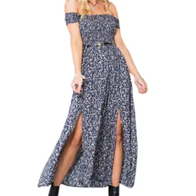 Sexy Side Split Off Shoulder Print Dress High Waist Maxi Dress Women Vintage Beach Dress SM6