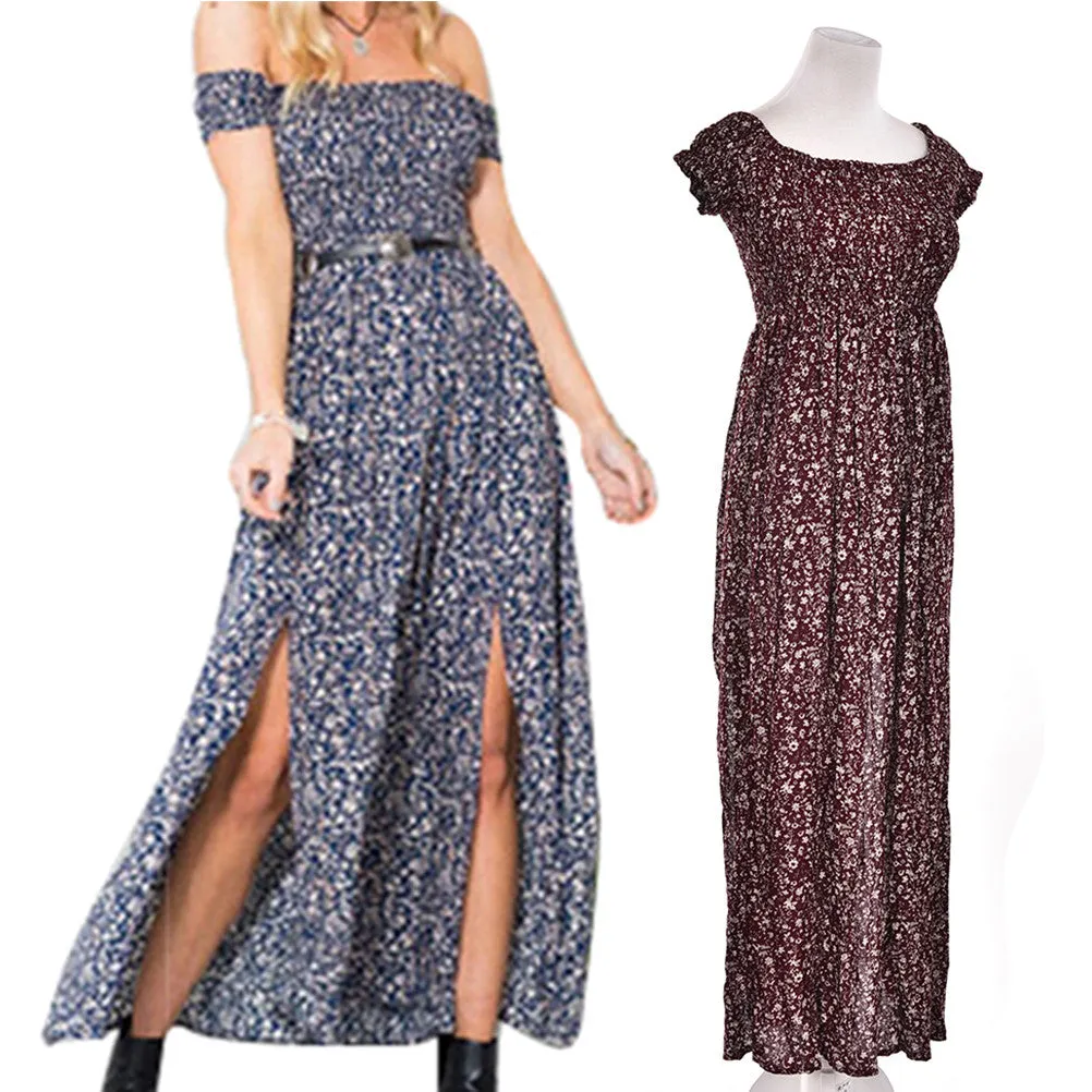 Sexy Side Split Off Shoulder Print Dress High Waist Maxi Dress Women Vintage Beach Dress SM6