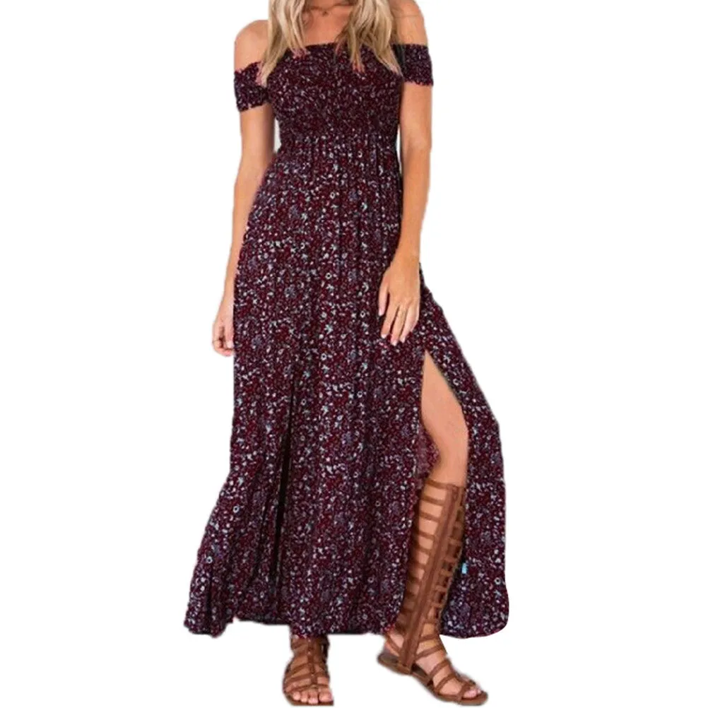 Sexy Side Split Off Shoulder Print Dress High Waist Maxi Dress Women Vintage Beach Dress SM6