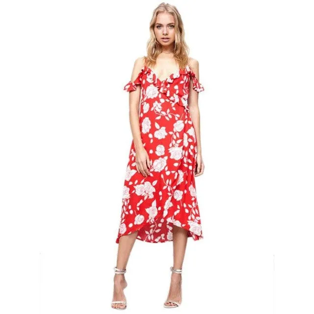 Sexy Women V Neck Strapy Cold Shoulder Ruffled Mid Dress Off Shoulder Floral Print Vintage Dress Women vestidos mujer #418 GS