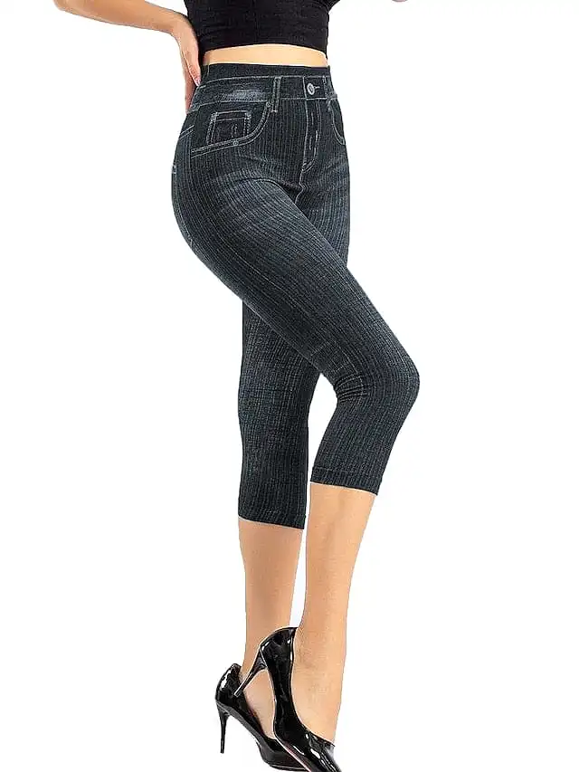 Skinny Bell Bottom Faux Denim Print High Waist Jeans