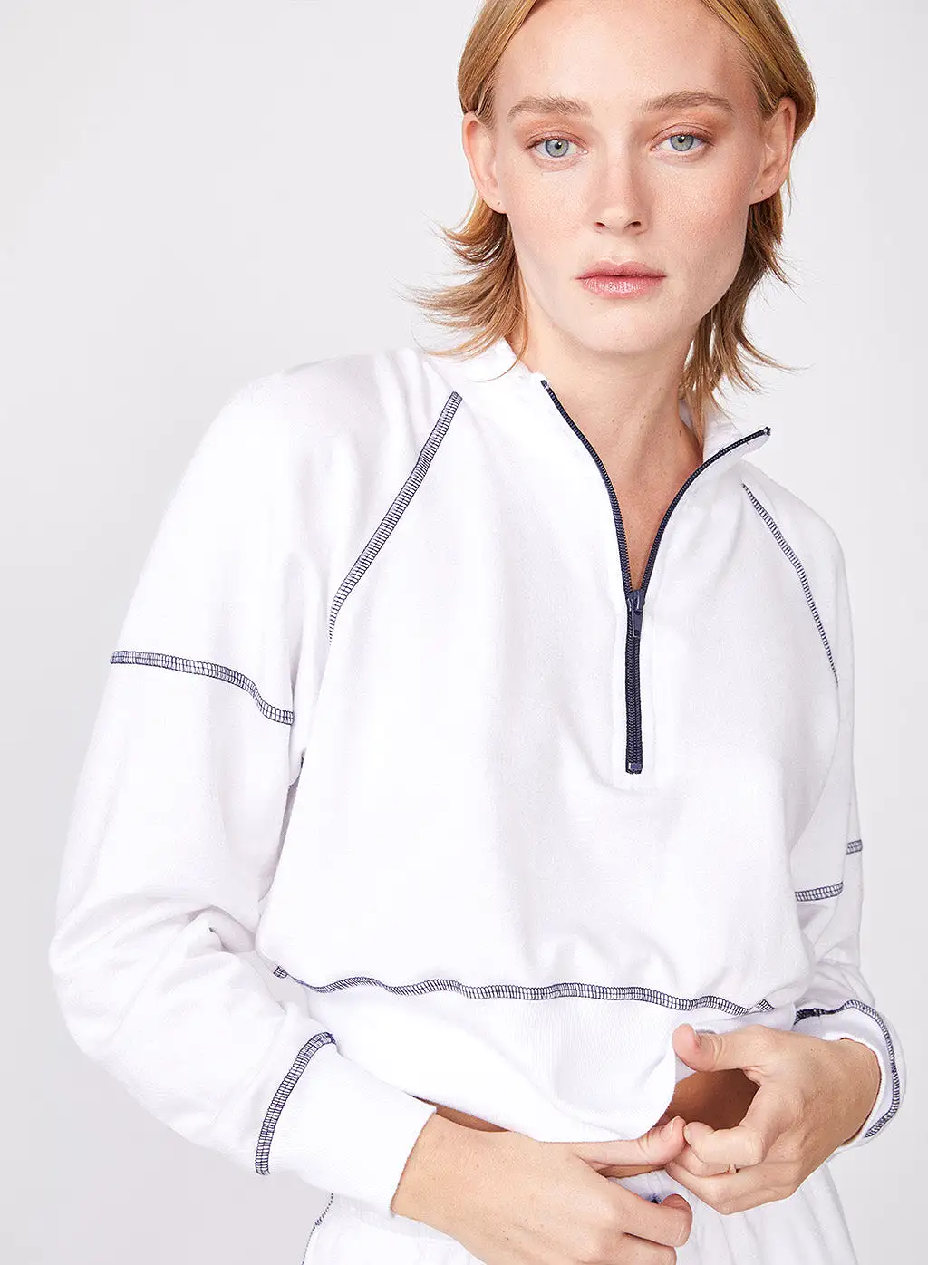 Softest Fleece Cropped Half-Zip Pullover with Contrast in White