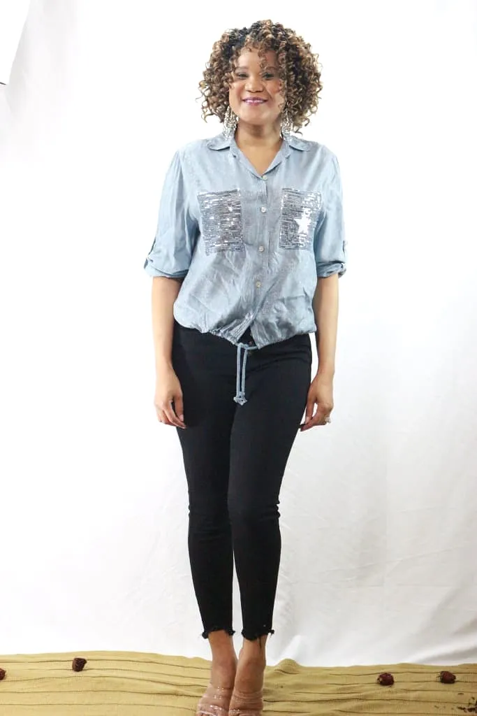 Star open collar button down Italian top