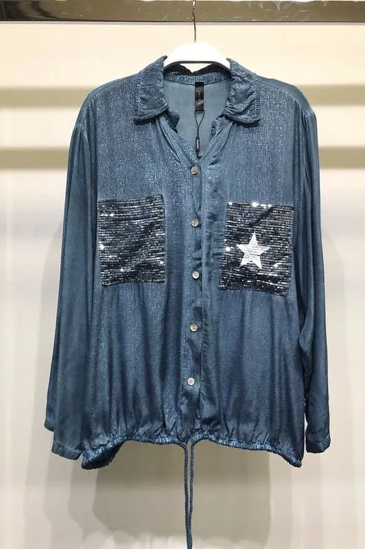 Star open collar button down Italian top