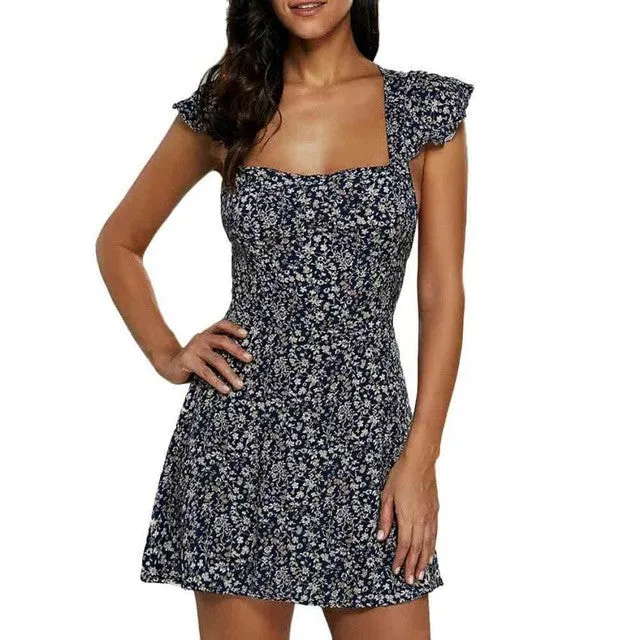 Strapless Vintage Floral Print  Dress Women  Boho Beach Sexy A-Line Dresses Floral Straps Sleeveless Mini Dress #63 SM6