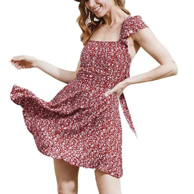 Strapless Vintage Floral Print  Dress Women  Boho Beach Sexy A-Line Dresses Floral Straps Sleeveless Mini Dress #63 SM6