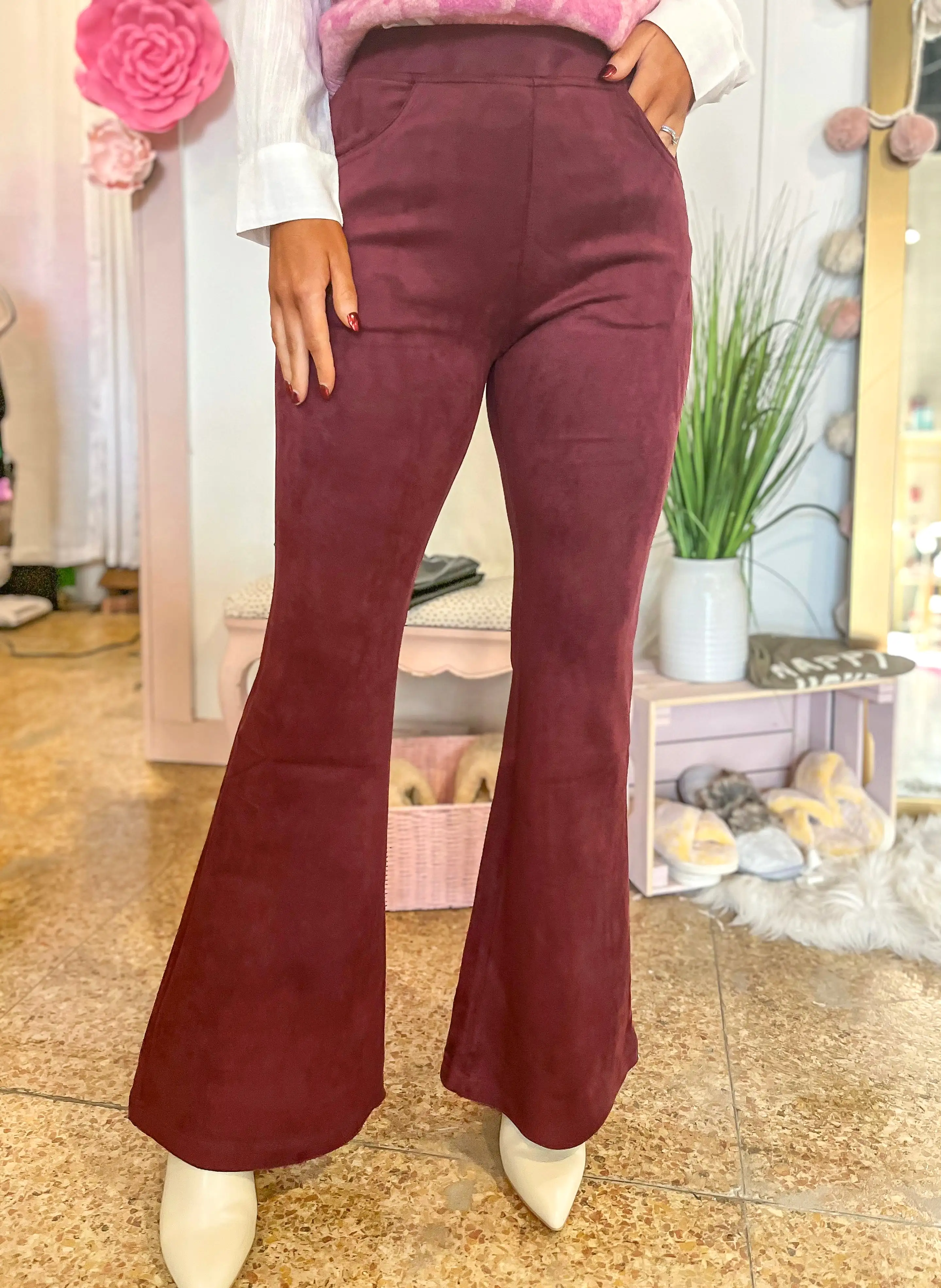 SUEDE BELL BOTTOM PANTS - RED PLUM