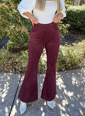 SUEDE BELL BOTTOM PANTS - RED PLUM