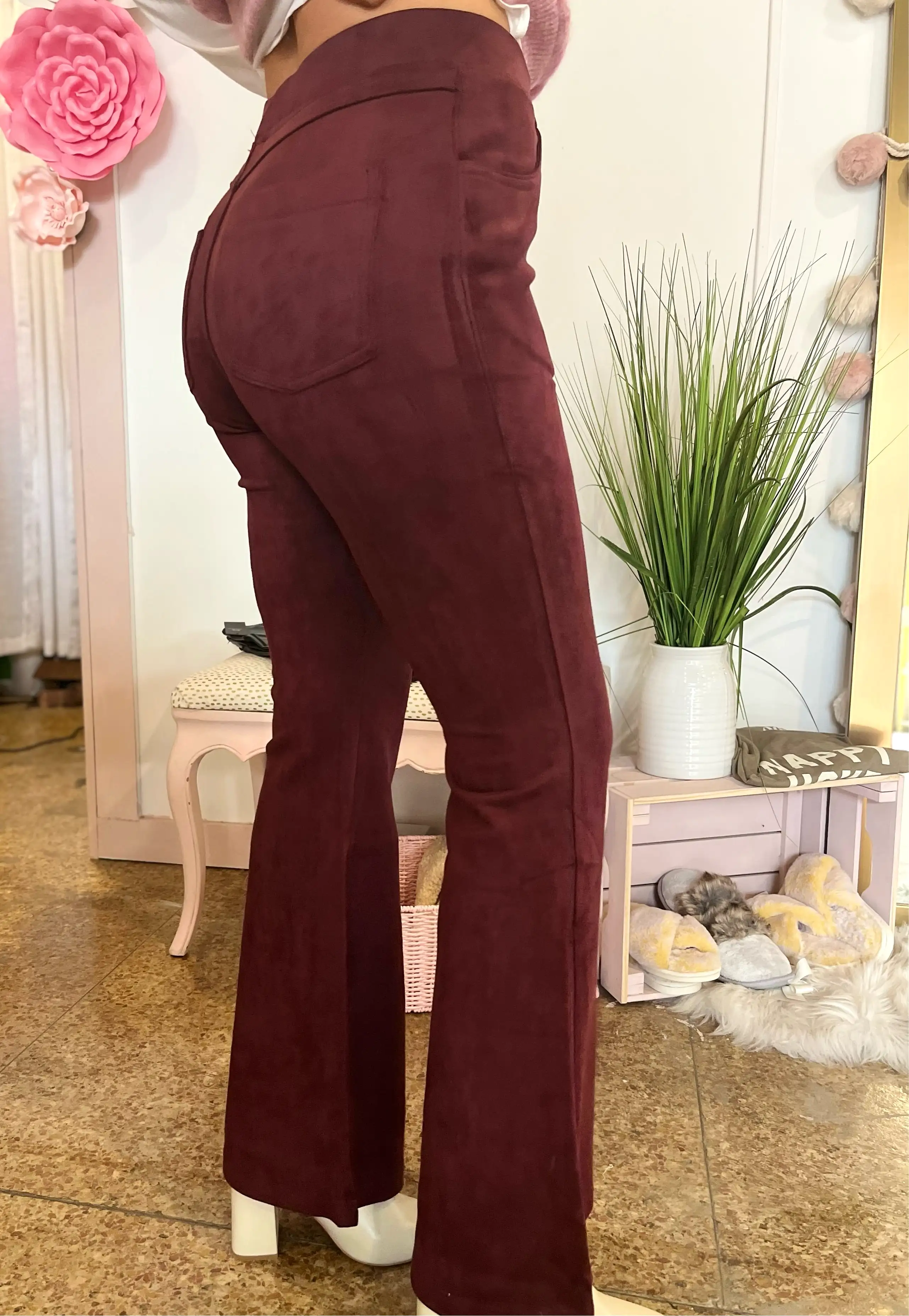 SUEDE BELL BOTTOM PANTS - RED PLUM