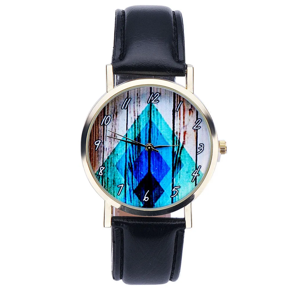 Super Deal Geometry Printed Dress Watch Women Vintage Vouge Leather Analog Quartz Wrist Watch Relogio Feminino