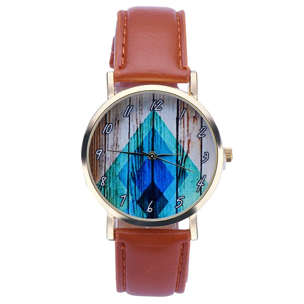 Super Deal Geometry Printed Dress Watch Women Vintage Vouge Leather Analog Quartz Wrist Watch Relogio Feminino