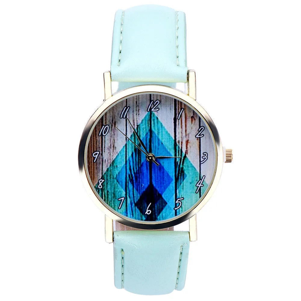 Super Deal Geometry Printed Dress Watch Women Vintage Vouge Leather Analog Quartz Wrist Watch Relogio Feminino