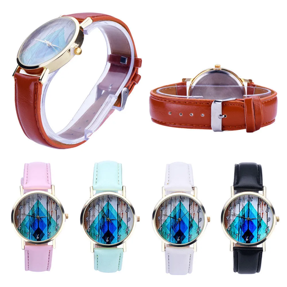 Super Deal Geometry Printed Dress Watch Women Vintage Vouge Leather Analog Quartz Wrist Watch Relogio Feminino