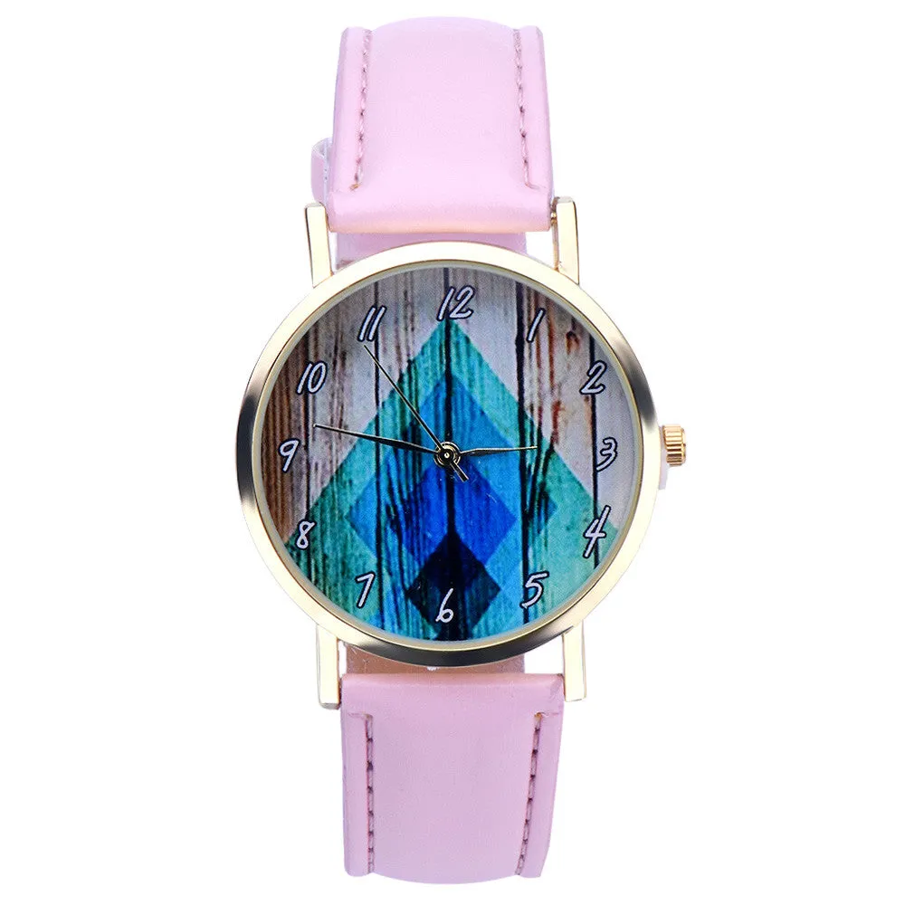 Super Deal Geometry Printed Dress Watch Women Vintage Vouge Leather Analog Quartz Wrist Watch Relogio Feminino