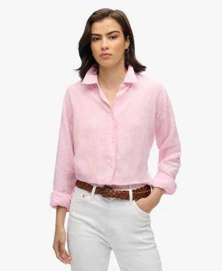 Superdry Women's Casual Linen Boyfriend Shirt Pink / Lilac Blush Pink - Size: 8