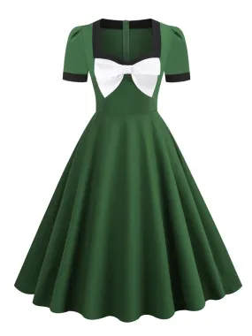 Sweetheart Neck Bow Front Green Elegant Midi Women 1950s Pinup Robe Short Sleeve Cotton Vintage Dress