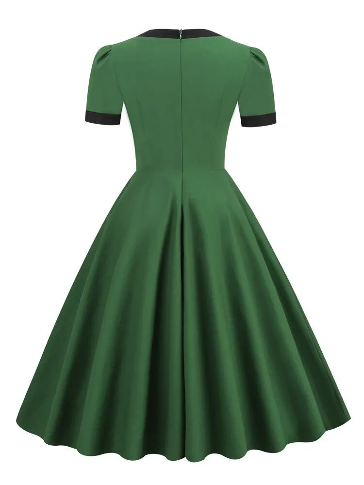 Sweetheart Neck Bow Front Green Elegant Midi Women 1950s Pinup Robe Short Sleeve Cotton Vintage Dress