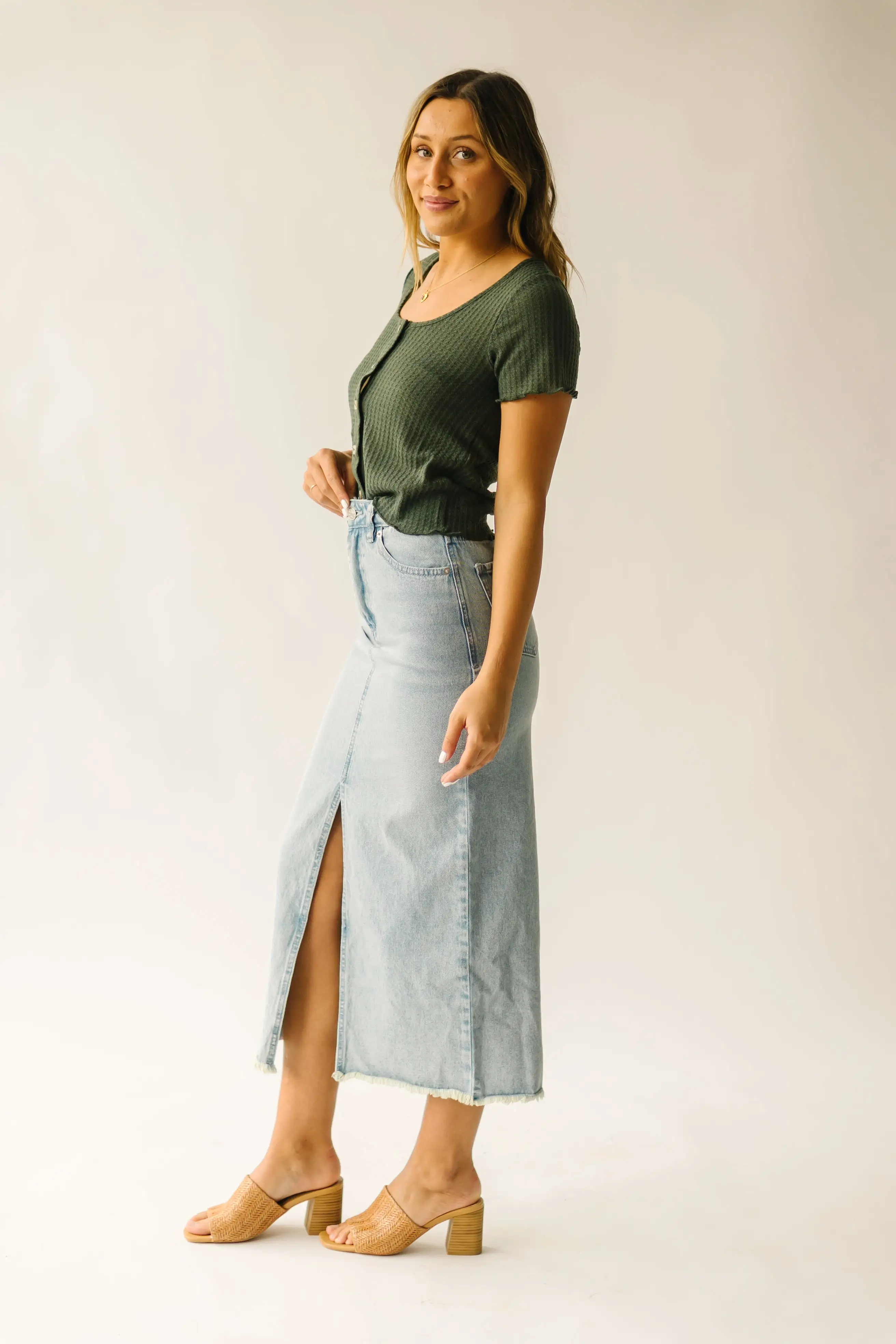 The Kaplan Slit Denim Skirt in Light Blue