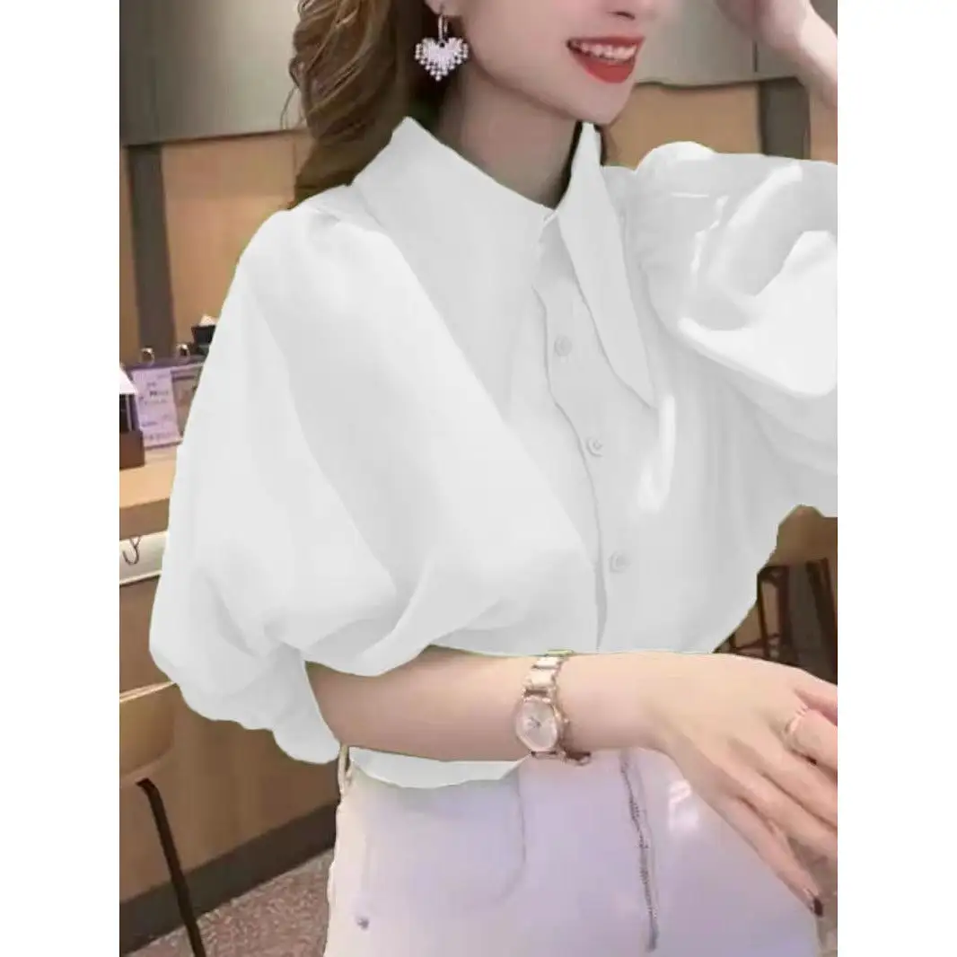 Turn-Down Collar Half Puff Sleeve Shirt