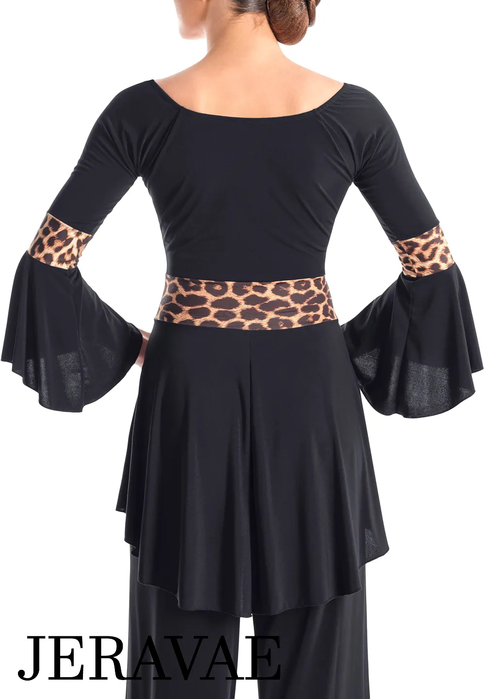 Victoria Blitz Reggio Leopard Ballroom or Latin Black Practice Top with V-Neckline, 3/4 Bell Sleeves, Flared Bottom, and Leopard