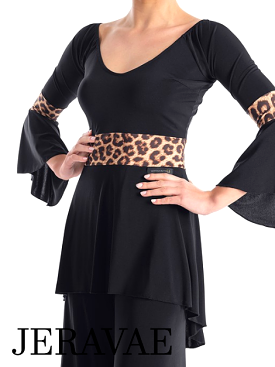 Victoria Blitz Reggio Leopard Ballroom or Latin Black Practice Top with V-Neckline, 3/4 Bell Sleeves, Flared Bottom, and Leopard